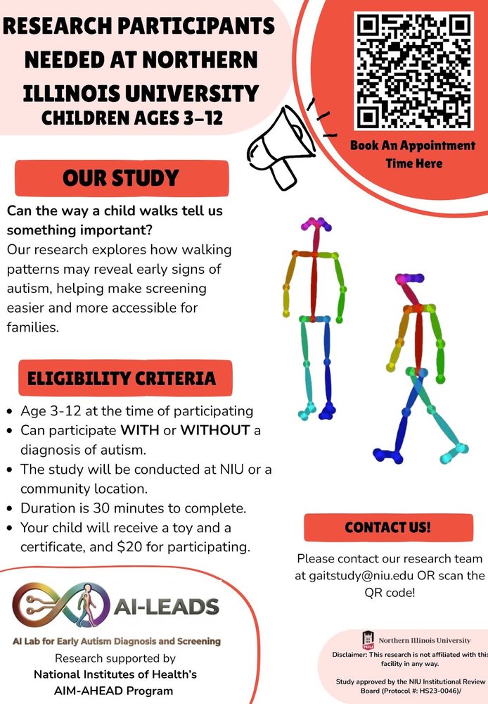 Research participants needed at Northern Illinois University, children ages 3 to 12. Scan the QR code to book an appointment or email gaitstudy@niu.edu.