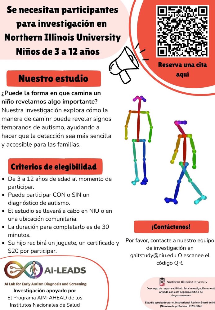 Se necesitan participantes para investigación en Northern Illinois University, niños de 3 a 12 años. Escanee el código QR para reservar una cita o escriba a gaitstudy@niu.edu.